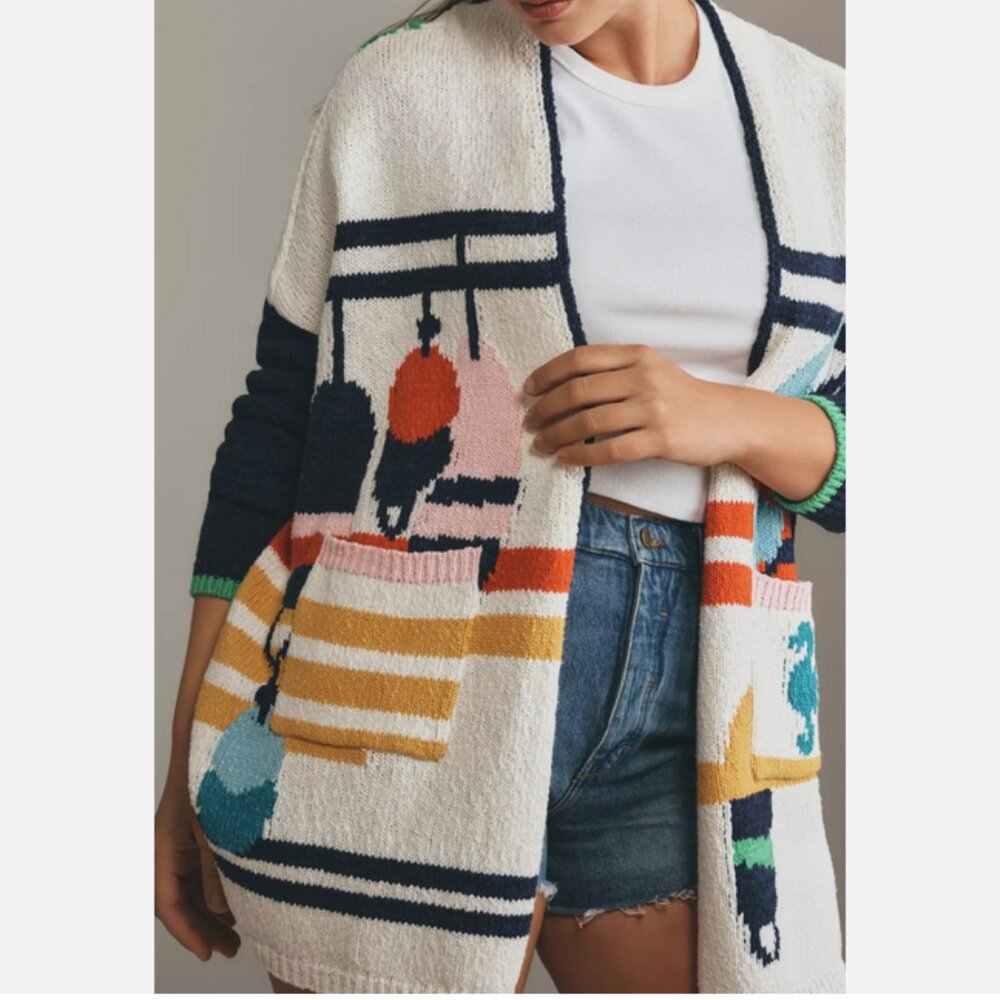 Anthropologie Maeve Nautical Buoy Cardigan Sweater Whale Seahorse L XL Petite - Picture 7 of 9